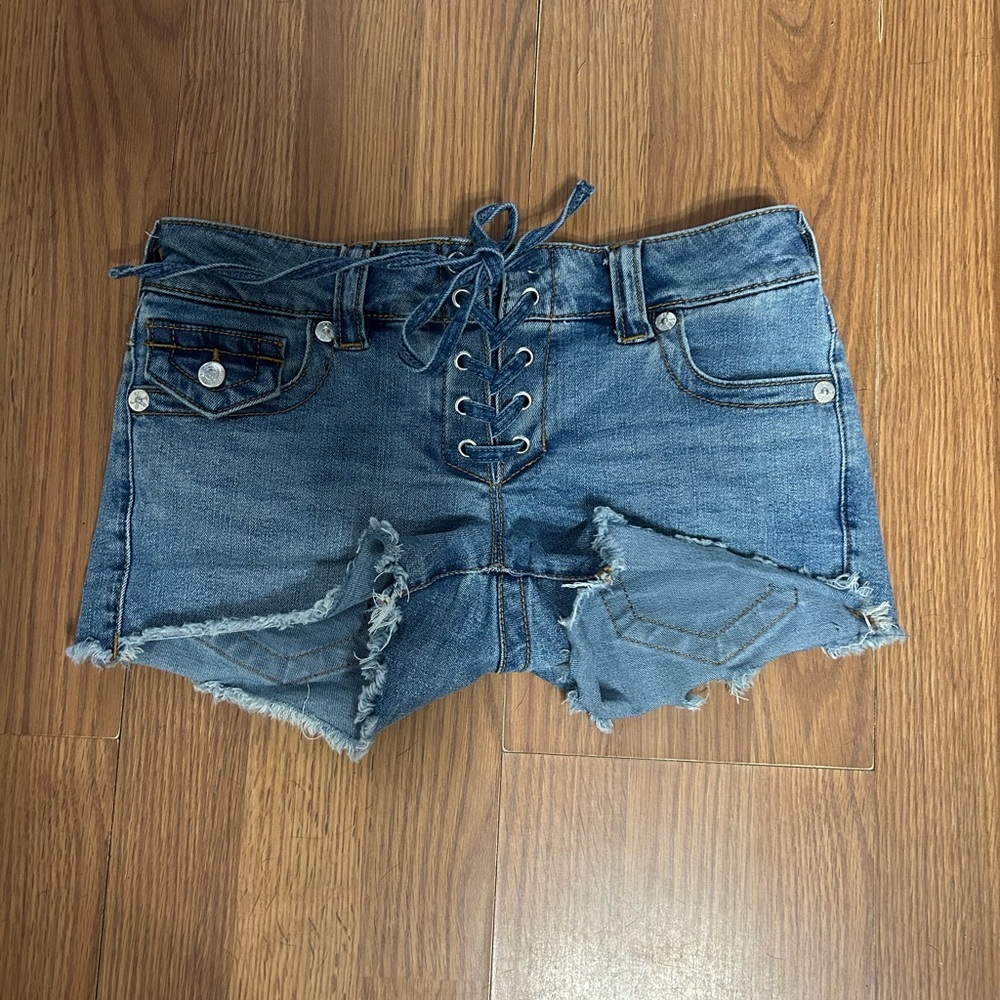 True Religion Blue Lace-Up Jean Shorts